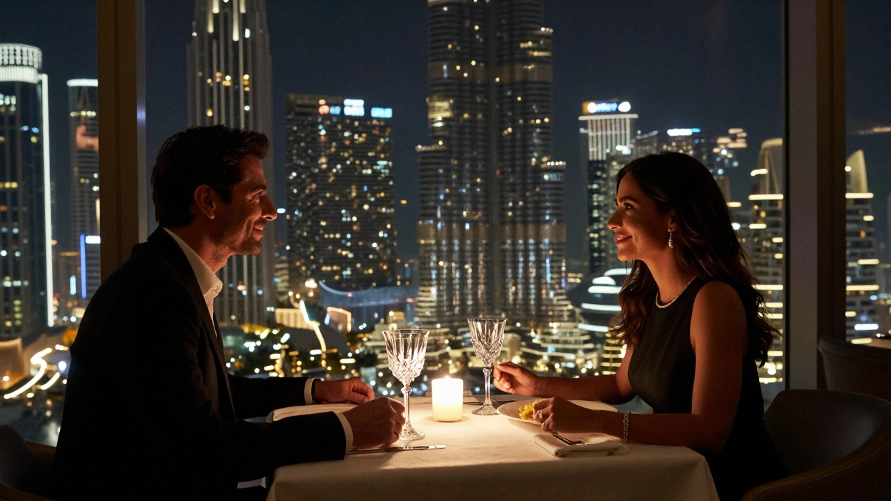A couple having an intimate dinner at Sky Views restaurant with Dubai’s skyline glowing behind them.
