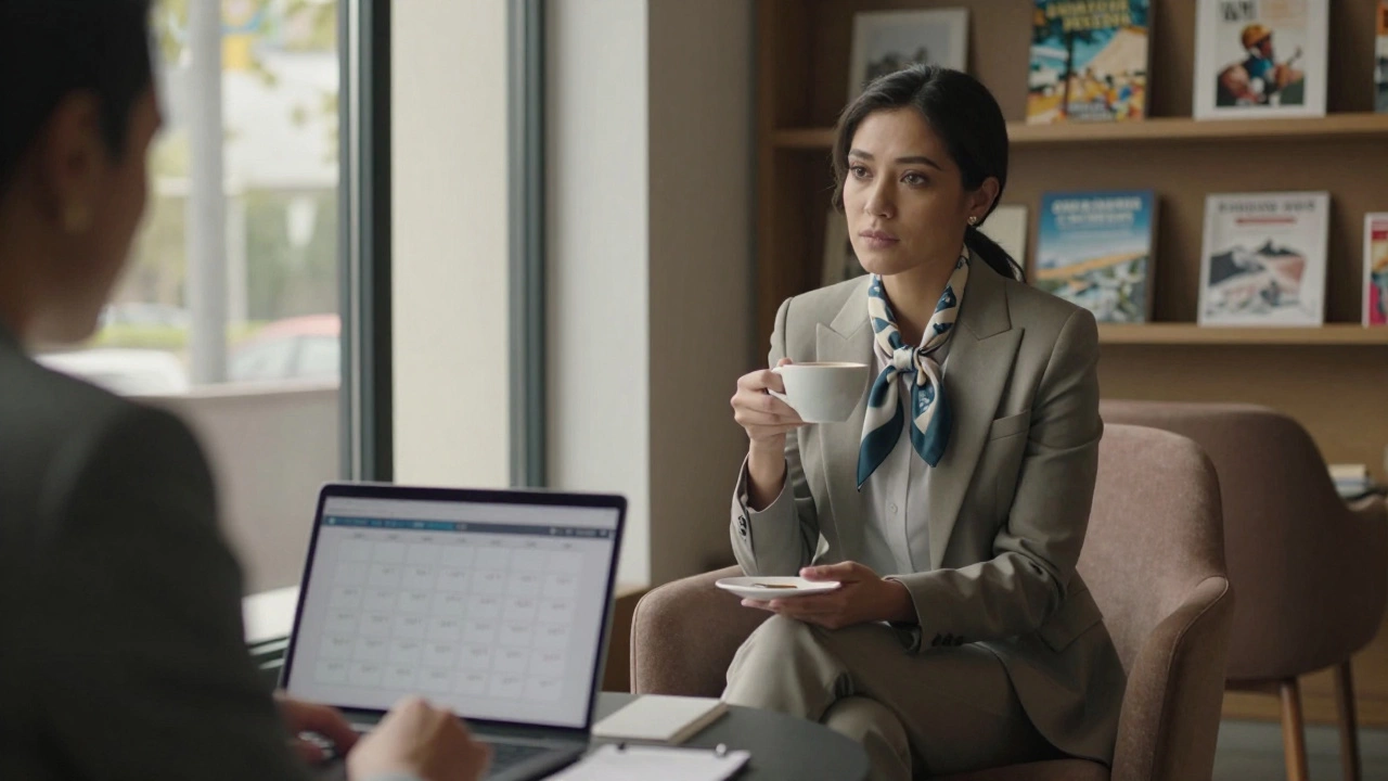 A professional woman in a lounge setting, calmly engaging with a client over coffee.